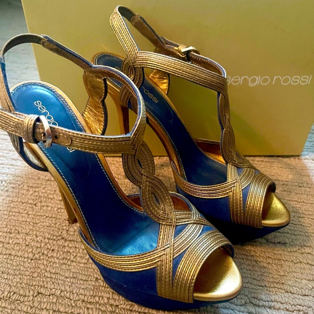 Sergio Rossi Elegant Gold and Blue Heels